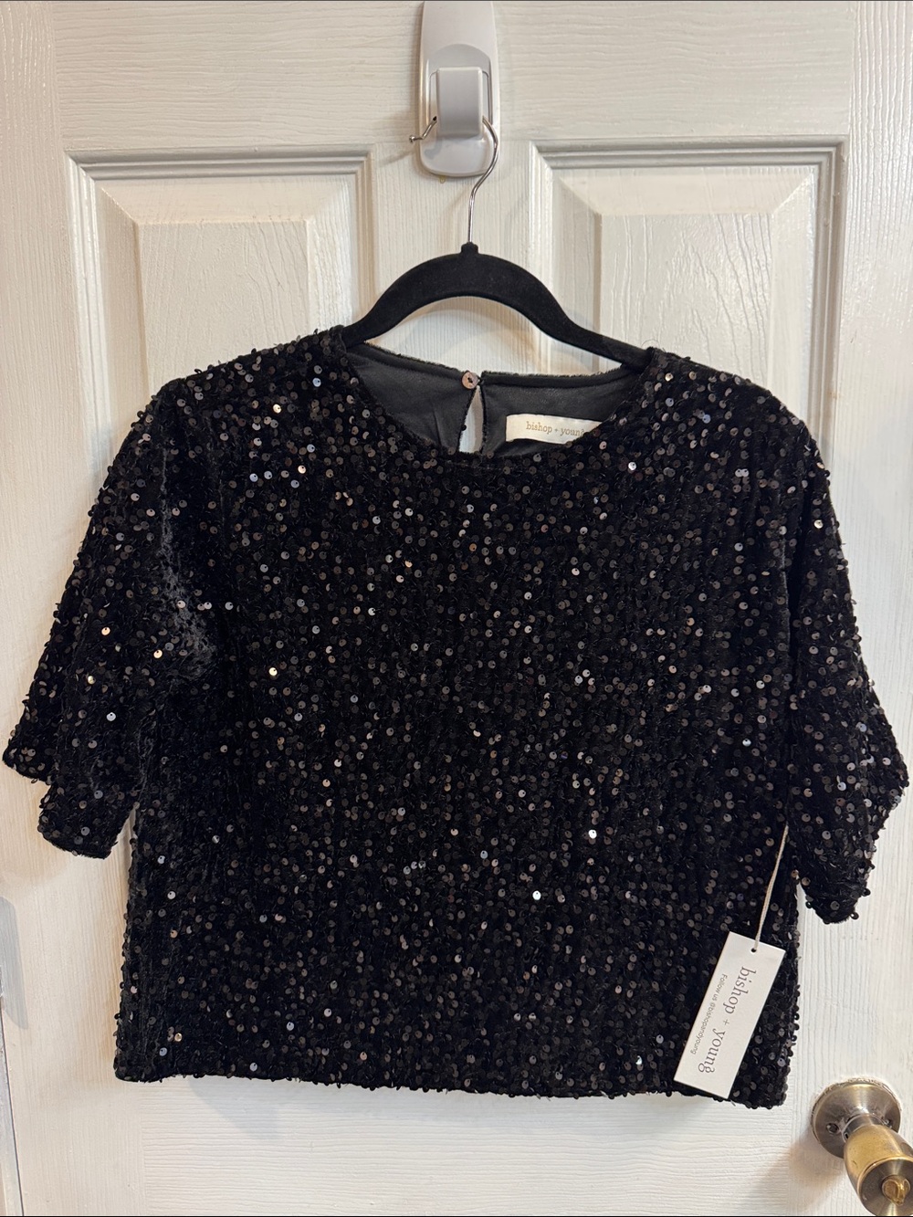 bishop + young Black Sequin Short Sleeve Top